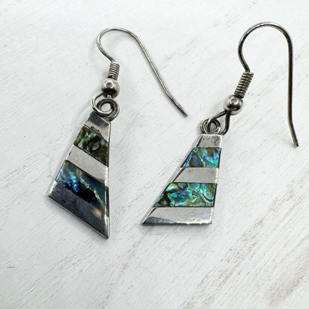 Vintage Abalone Shell Inlay Alpaca Mexico Silver Earrings Southwest Boho Beachy